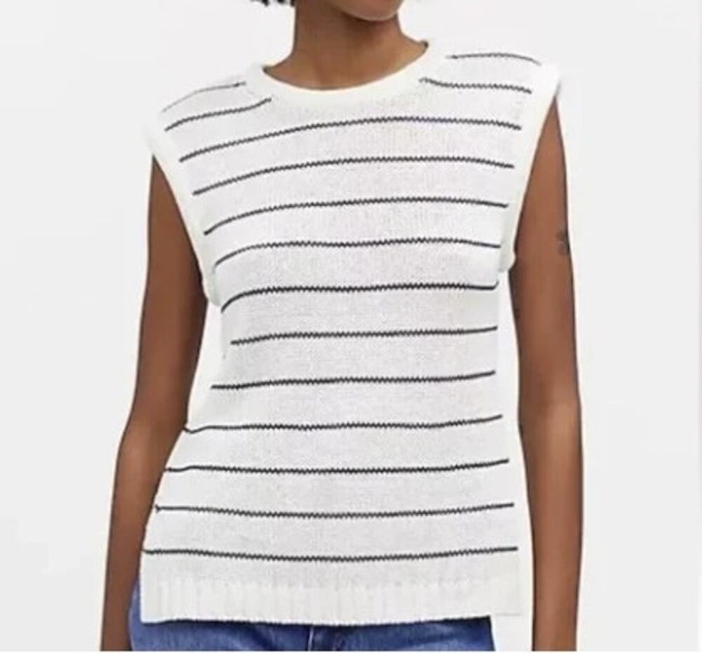 Madewell XS Sweater Melina Puff Trim Sleeveless Cream Blue Stripe Cotton Linen